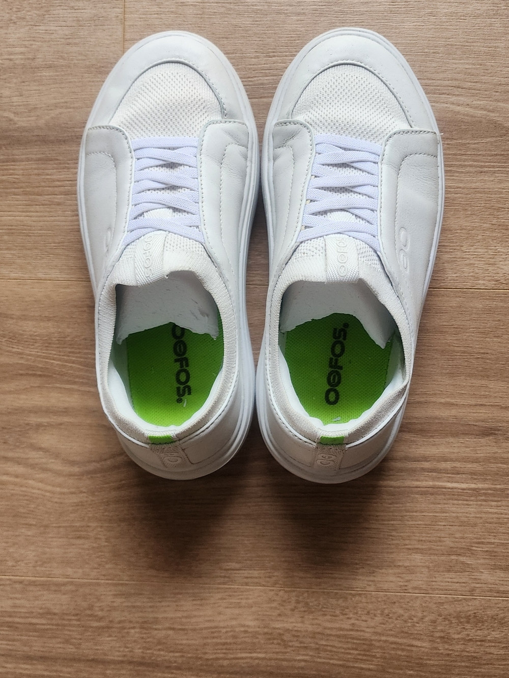 OOFOS Women's Club+ White Sneakers with Neon Green Insoles